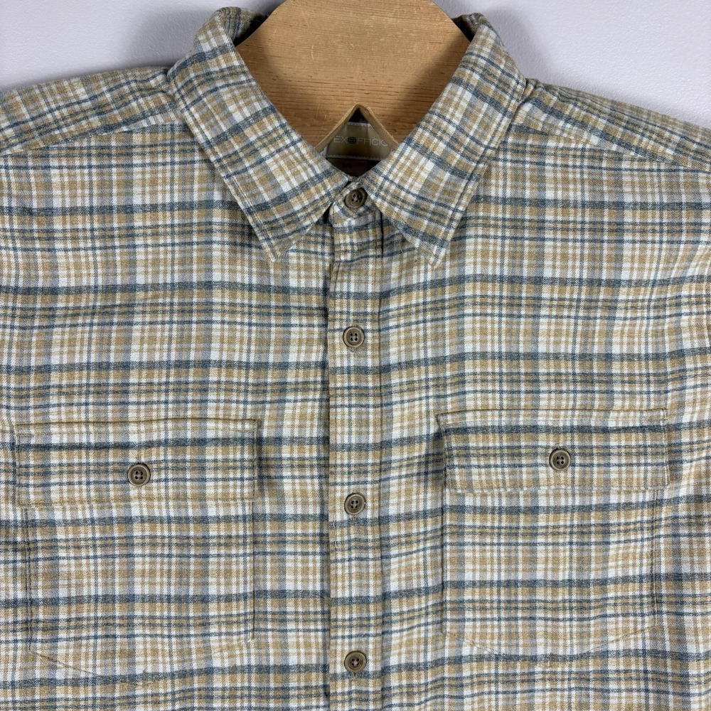 Exofficio Men's Large Beige Plaid Flannel Button Up Fishing Long‎ Sleeve Shirt
